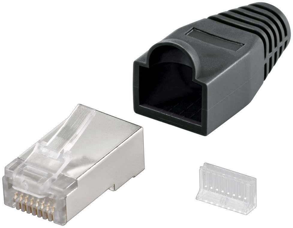 RJ45 Stecker, CAT 5e STP geschirmt mit Knickschutztülle RJ45 Stecker, CAT 5e STP geschirmt mit Knickschutztülle - Farbversion Schwarz - für Rundkabel, mit Einfädelhilfe