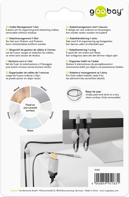 Kabelmanagement 1-Slot, weiß - Farbversion Weiß - 5er-Set zum Ordnen und Fixieren, ablösbar Kabelmanagement 1-Slot, weiß - Farbversion Weiß - 5er-Set zum Ordnen und Fixieren, ablösbar