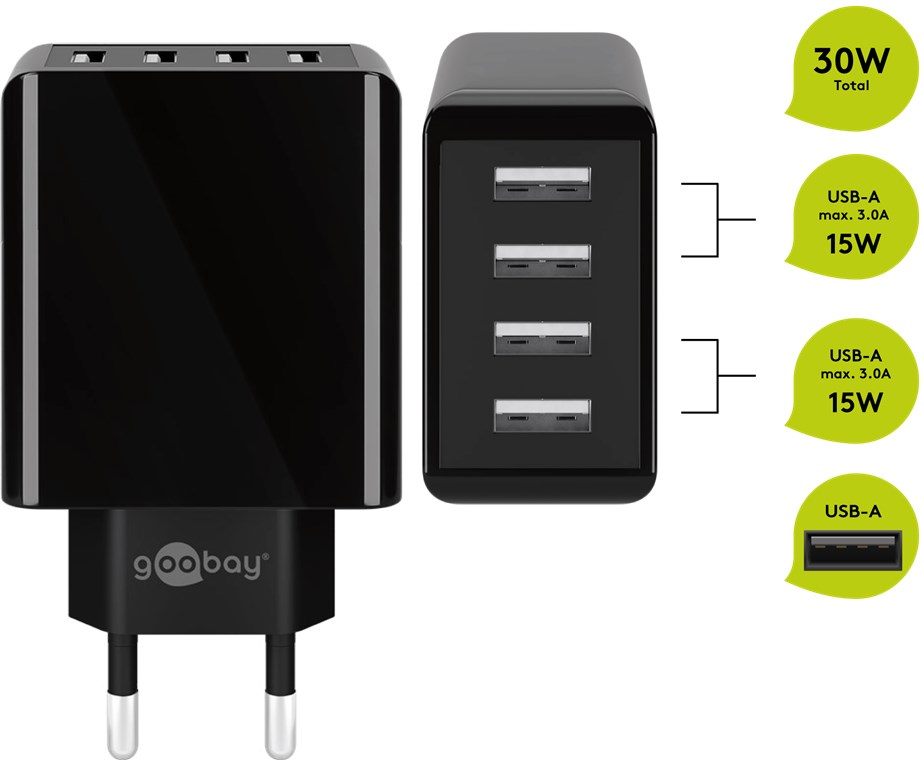 4-fach USB-Ladegerät (30W) schwarz - mehrfach USB Netzteil zum gleichzeitigen Aufladen von bis zu 4 Geräten 4-fach USB-Ladegerät (30W) schwarz - mehrfach USB Netzteil zum gleichzeitigen Aufladen von bis zu 4 Geräten