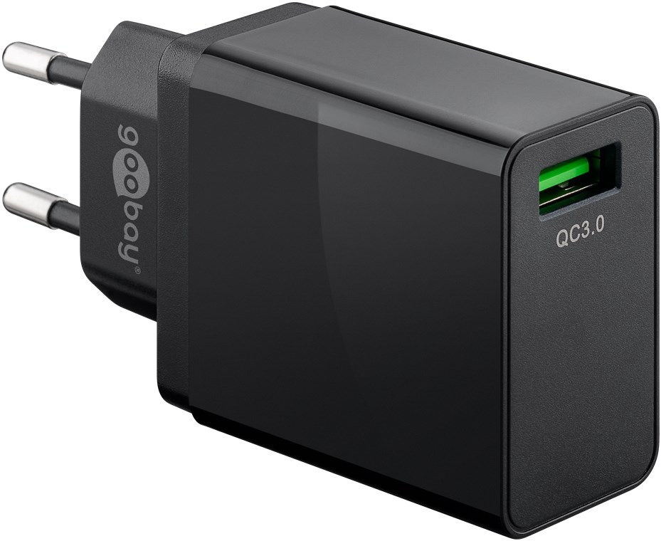 USB Schnellladegerät QC3.0 (18W) schwarz - lädt bis zu 4x schneller als Standardladegeräte USB Schnellladegerät QC3.0 (18W) schwarz - lädt bis zu 4x schneller als Standardladegeräte