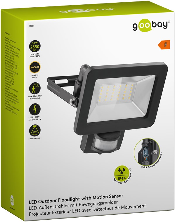 LED-Außenstrahler, 30 W, mit Bewegungsmelder - mit 2550 lm, neutralweißem Licht (4000 K), PIR-Sensor mit ON-/OFF-Funktion und M16-Kabelverschraubung, für den Außeneinsatz geeignet (IP44)