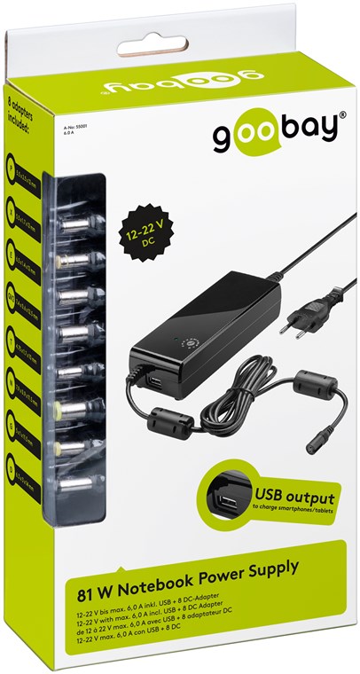 90 W Notebook-Netzteil - inkl. 1x USB- und 8x DC-Adapter; 12 V - 22 V bis max. 4 A 90 W Notebook-Netzteil - inkl. 1x USB- und 8x DC-Adapter; 12 V - 22 V bis max. 4 A