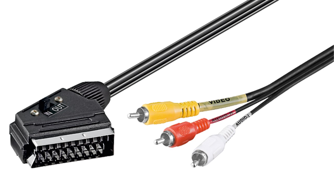 Adapterkabel, Scart zu Composite Audio Video, IN/OUT - Kabellänge 2 m - Scartstecker (21-Pin) > 3x Cinch-Stecker