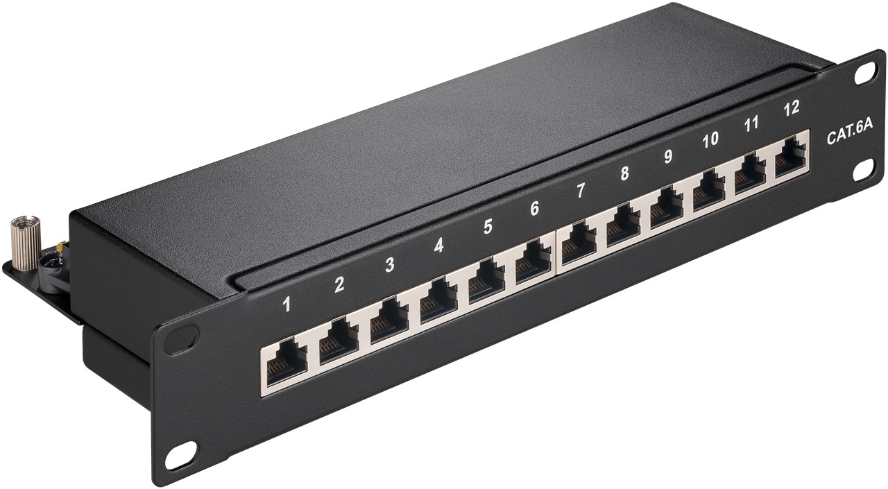 CAT 6a 10-Zoll (25,4 cm) Patch Panel, 12 Port, (1 HE) - Farbversion Schwarz - STP geschirmt, Schwarz