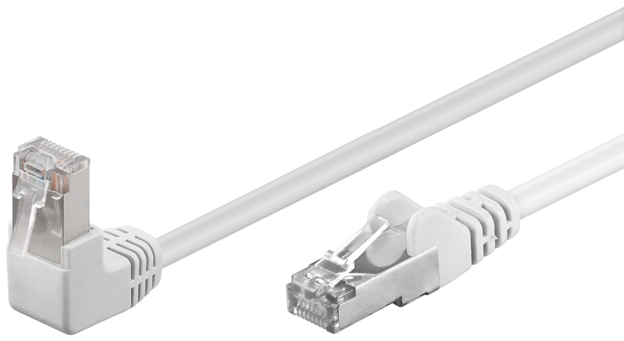 CAT 5e Patchkabel 1x 90° gewinkelt, F/UTP, weiß, 0,25 m CAT 5e Patchkabel 1x 90° gewinkelt, F/UTP, weiß, 0,25 m - Kabellänge 0.25 m - Kupferkaschierter Aluminiumleiter (CCA), 1x RJ45-Stecker 90° (8P8C)