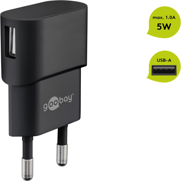 USB-Ladegerät (5 W), Schwarz - kompaktes USB-Netzteil mit 1x USB-Anschluss USB-Ladegerät (5 W), Schwarz - kompaktes USB-Netzteil mit 1x USB-Anschluss