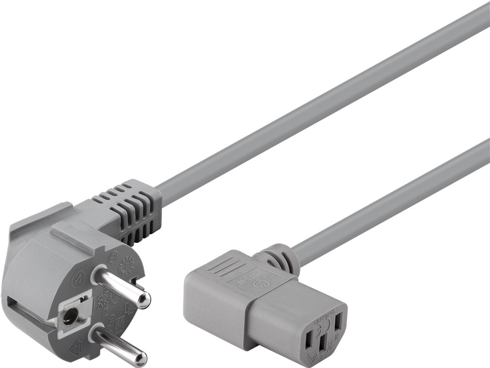 Beidseitig abgewinkeltes Kaltgeräte-Anschlusskabel, 2 m, Grau - Kabellänge 2 m - Schutzkontaktstecker (Typ F, CEE 7/7) > Gerätebuchse C13 (Kaltgeräteanschluss) Beidseitig abgewinkeltes Kaltgeräte-Anschlusskabel, 2 m, Grau - Kabellänge 2 m - Schutzkontaktstecker (Typ F, CEE 7/7) > Gerätebuchse C13 (Kaltgeräteanschluss)