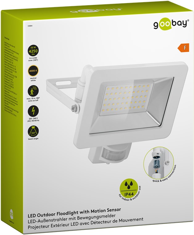 LED-Außenstrahler, 50 W, mit Bewegungsmelder - mit 4250 lm, neutralweißem Licht (4000 K), PIR-Sensor mit ON-/OFF-Funktion und M16-Kabelverschraubung, für den Außeneinsatz geeignet (IP44)