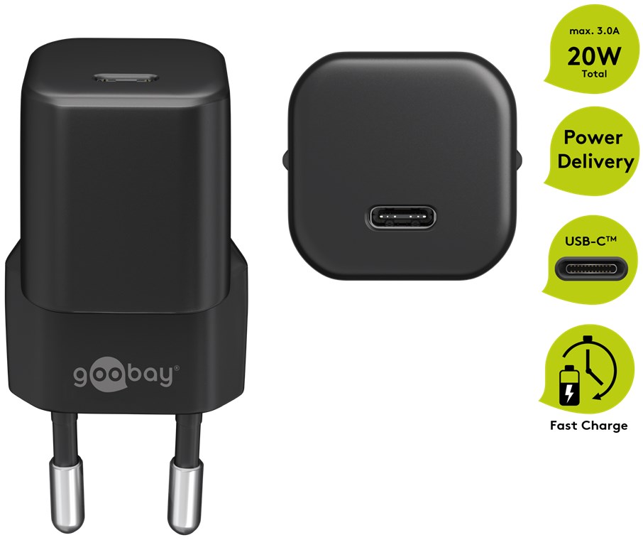 USB-C™ PD (Power Delivery) Schnellladegerät Nano (20 W), Schwarz - geeignet für Geräte mit USB-C™ (Power Delivery) wie z.B. iPhone 12