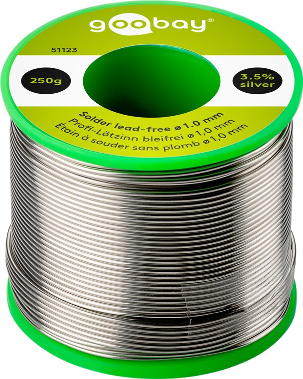 Profi Lötzinn bleifrei, ø 1,0 mm, 250 g Profi Lötzinn bleifrei, ø 1,0 mm, 250 g - Zusammensetzung: 3,5 % Silber, 0,7 % Kupfer, 93,8 % Zinn, Flussmittelanteil: 2 %, Schmelzpunkt 217° C