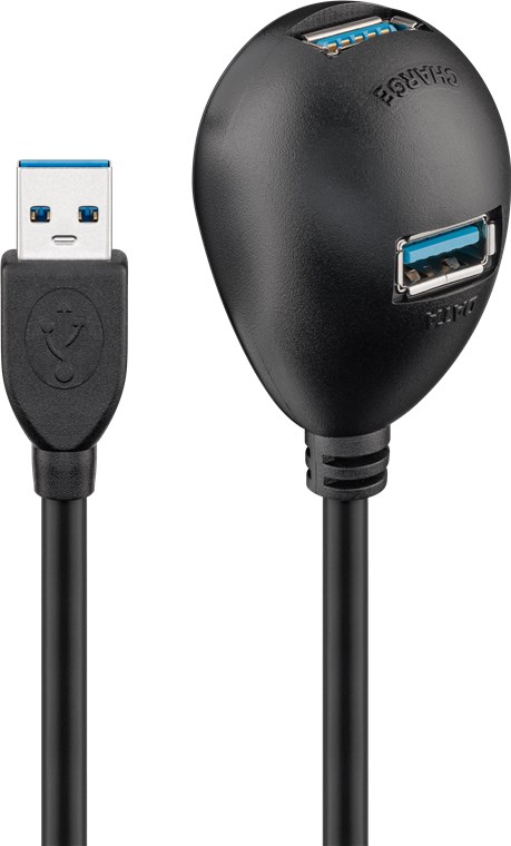 USB 3.0 Hi-Speed Verlängerungskabel mit Standfuss, Schwarz - Kabellänge 1.5 m - USB 3.0-Stecker (Typ A) > 2x USB 3.0-Buchse (Typ A) USB 3.0 Hi-Speed Verlängerungskabel mit Standfuss, Schwarz - Kabellänge 1.5 m - USB 3.0-Stecker (Typ A) > 2x USB 3.0-Buchse (Typ A)