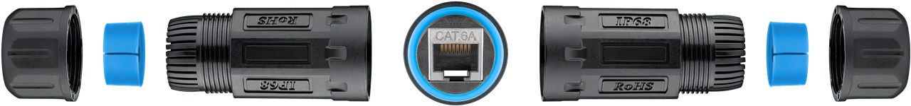 Outdoor (IP68) RJ45 Patchkabelkupplung/Netzwerkkabel Verbinder, CAT 6A - staub- und wasserdicht, 2x RJ45-Buchse (8P8C)