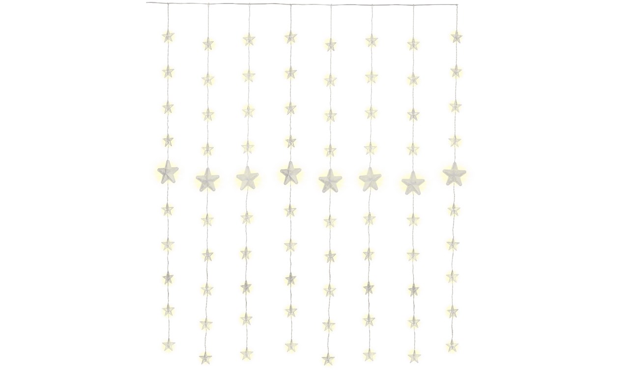 80er LED-Sternenvorhang - mit Fernbedienung, Timer-Funktion, 8 Leuchtmodi, Dimmer und 31 V-Außentrafo, warmweiß (3000 K)